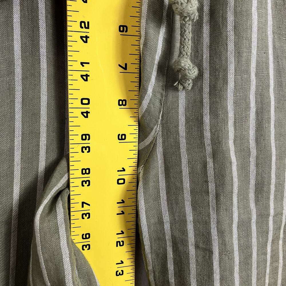 100% Lin Blanc Drawstring Linen Trousers Women's 38 Olive Green & White Striped - Picture 8 of 11